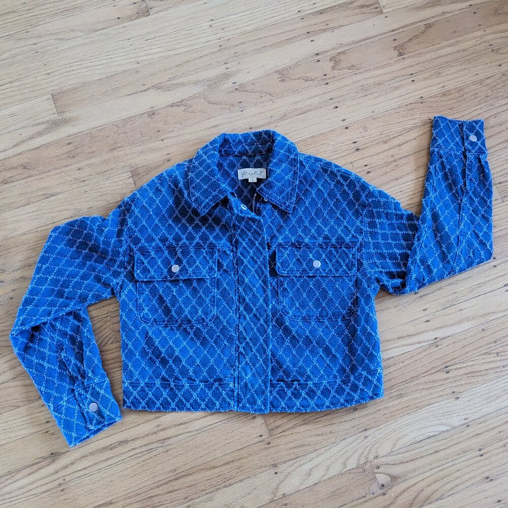 MARLED By Reunited Cropped Moto Jacket in Cotton Blend Denim Jacquard, Women's S